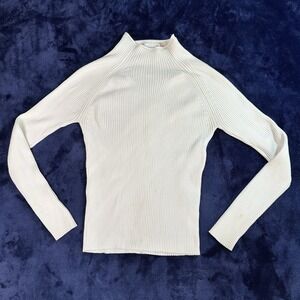 Won Hundred Women S White Ribbed Knit Long Sleeve Blouse Top High Neck Fitted